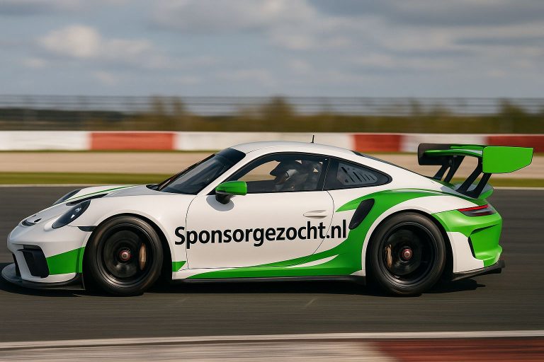 Raceauto met Sponsorgezocht.nl op de zijkant, voorbeeld voor sponsoraanvraag