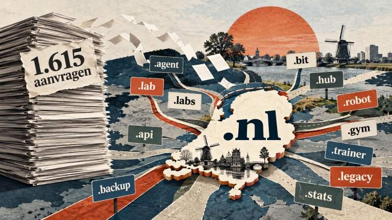 Illustratie van Nederland met .NL en nieuwe domeinextensies zoals .agent, .lab en .bit na 1.615 aanvragen bij ICANN.